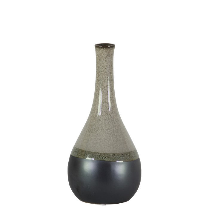 Bellied Stoneware Vase With Black Banded Rim, Small, Glossy Gray