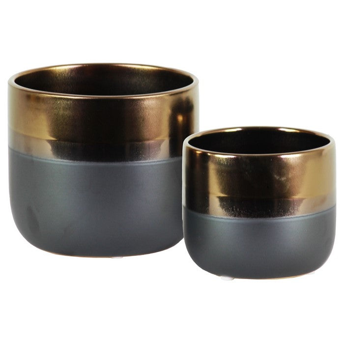 Round Stoneware Pot With Tapered Bottom, Set Of 2, Gold And Gray