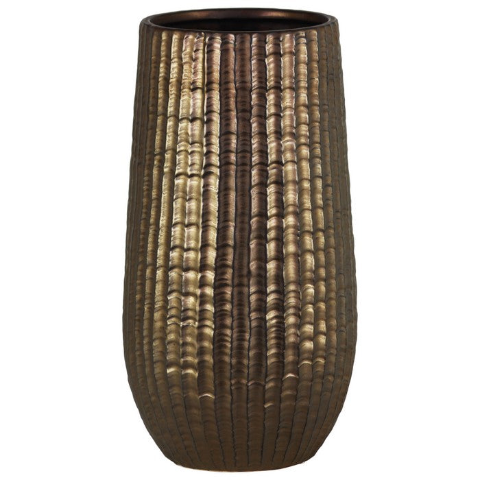 Cylindrical Stoneware Vase With Engraved Zigzag Design, Large, Bronze