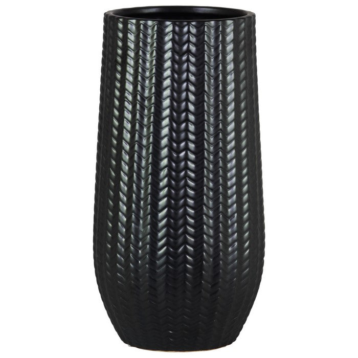 Cylindrical Stoneware Vase With Engraved Zigzag Design, Large, Black