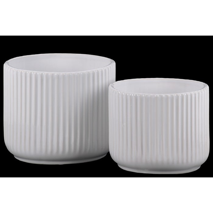 Ribbed Patterned Ceramic Pot With  Tapered Bottom, Glossy White, Set of 2
