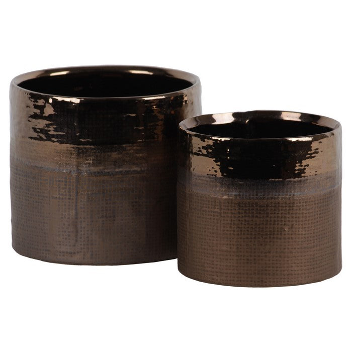 Cylindrical Ceramic Pot With Banded Gold Polished Rim, Set of 2, Gold