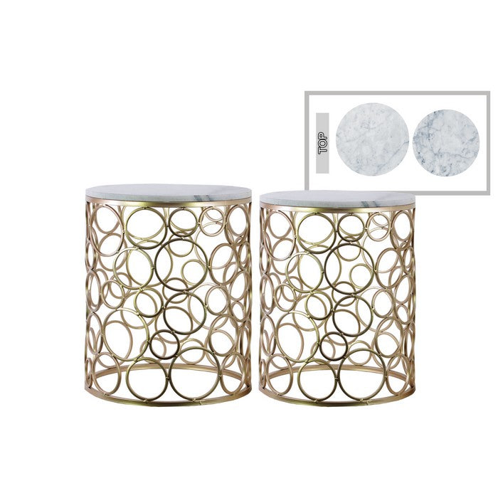 Round Metal Nesting Accent Table With Marble Top, Set Of 2, Champagne Gold