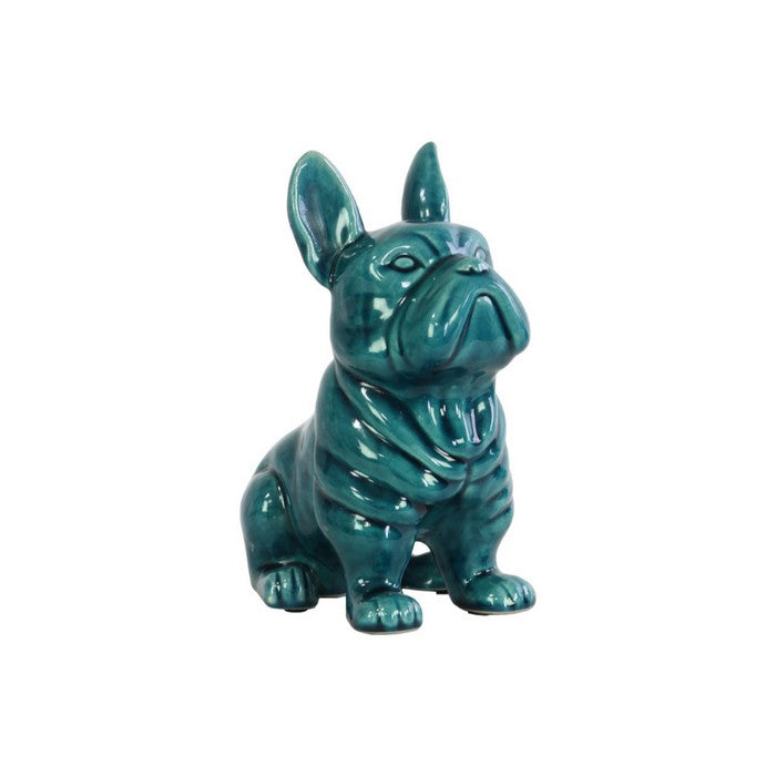 French Bulldog Figurine In Ceramic With Pricked Ears, Turquoise Blue