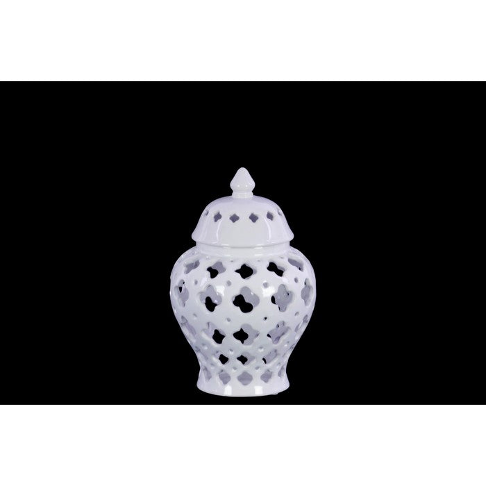 Cutout Quatrefoil Pattern Ceramic Urn Vase With Tapered Bottom, Small, White