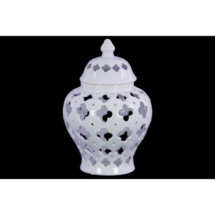 Cutout Quatrefoil Pattern Ceramic Urn Vase With Tapered Bottom, Large, White