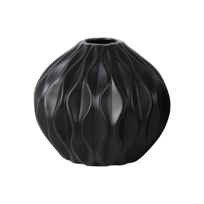 Round Ceramic Low Vase With Embossed Wave Design, Matte Black