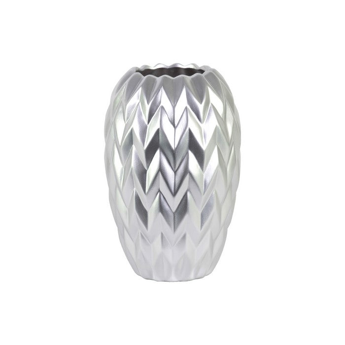 Round Ceramic Vase With Embossed Wave Design, Large, Matte Silver
