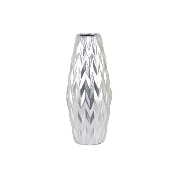 Embossed Wave Design Ceramic Vase With Round Lip, Large, Silver