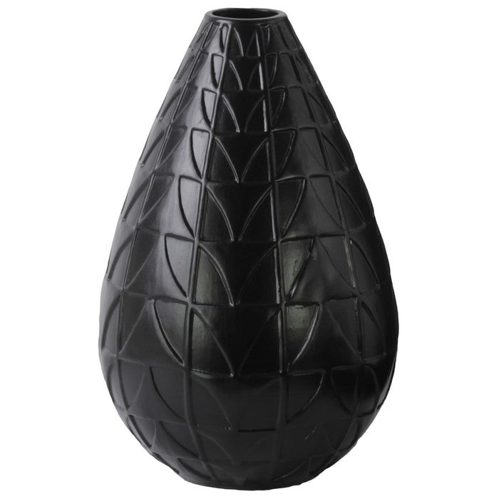 Round Ceramic Vase With Embossed Triangle Design, Matte Black