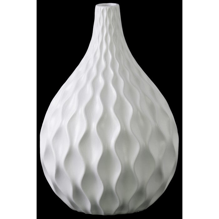 Embossed Wave Pattern Ceramic Vase With Elongated Neck, Matte White