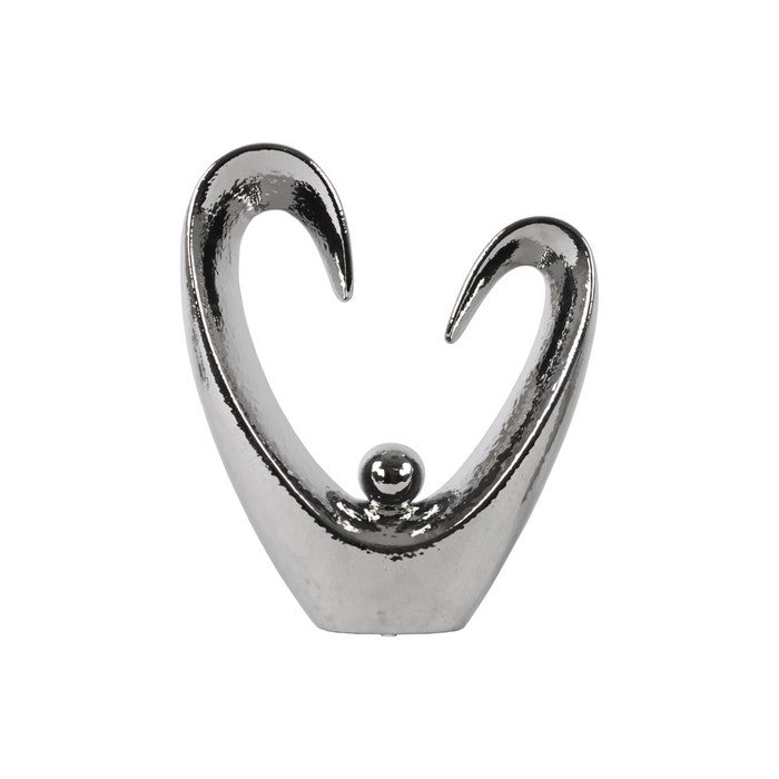 Open Heart Abstract Sculpture With Round Figurine In Center, Large, Silver