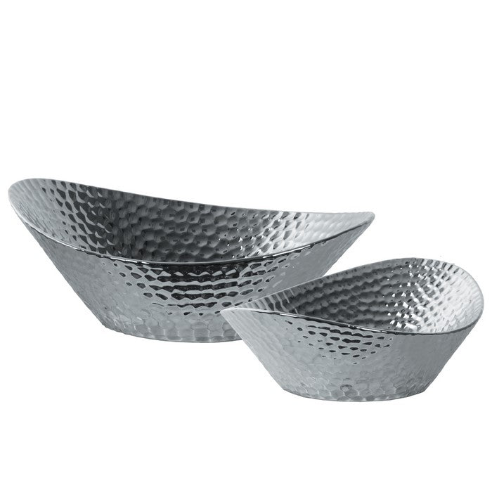 Embossed Oval Shape Ceramic Vase With Tapered Bottom, Set of 2, Silver