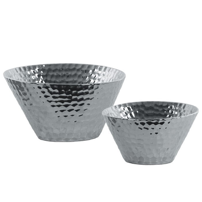 Embossed Round Shape Ceramic Vase With Tapered Bottom, Set of 2, Silver