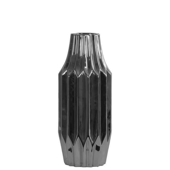 Round Ribbed Patterned Vase With Broad Mouth In Ceramic , Small, Silver