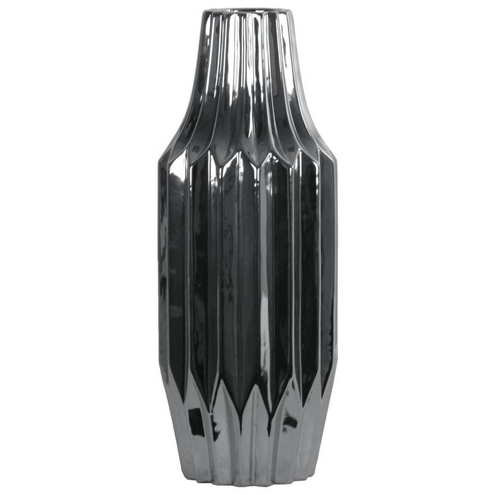 Round Ribbed Patterned Vase With Broad Mouth In Ceramic , Large, Silver
