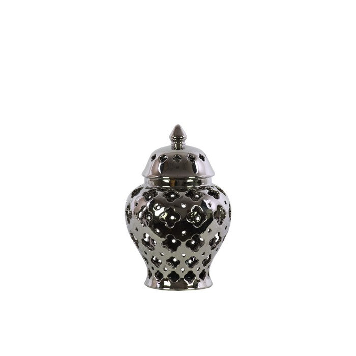 Cutout Quatrefoil Pattern Ceramic Urn Vase With Tapered Bottom, Small, Silver