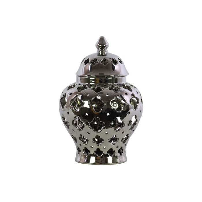 Cutout Quatrefoil Pattern Ceramic Urn Vase With Tapered Bottom, Large, Silver