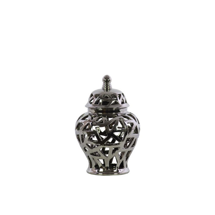 Ceramic Urn Vase With Triangular Cutout Design, Small, Silver