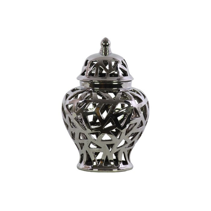 Ceramic Urn Vase With Triangular Cutout Design, Large, Silver