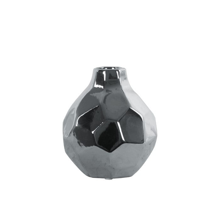 Round Bellied Ceramic Vase With Short Neck, Small, Silver