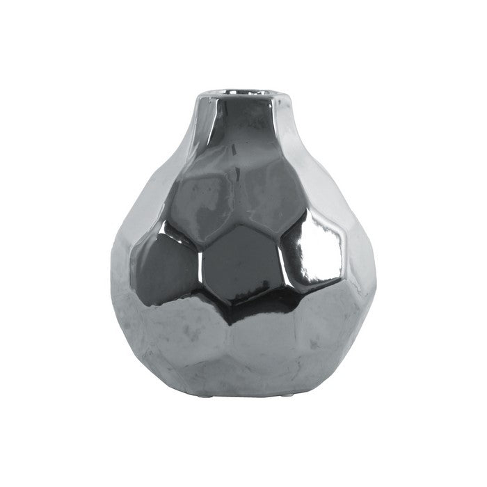 Round Bellied Ceramic Vase With Short Neck, Large, Silver