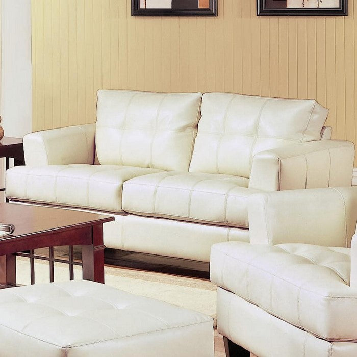 Contemporary Bonded Leather & Wood Loveseat With Cushioned Seat & Back, Cream