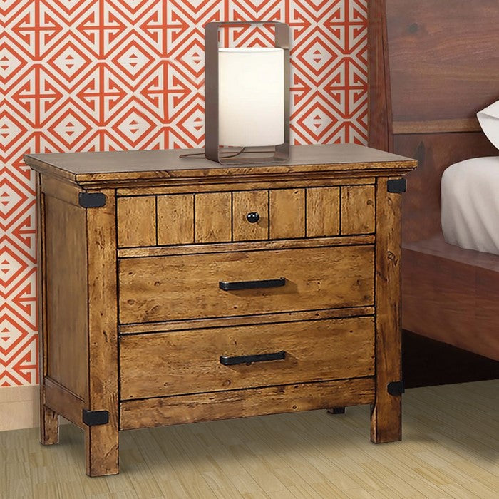 Wooden Nightstand with 3 Drawers, Warm Honey Brown