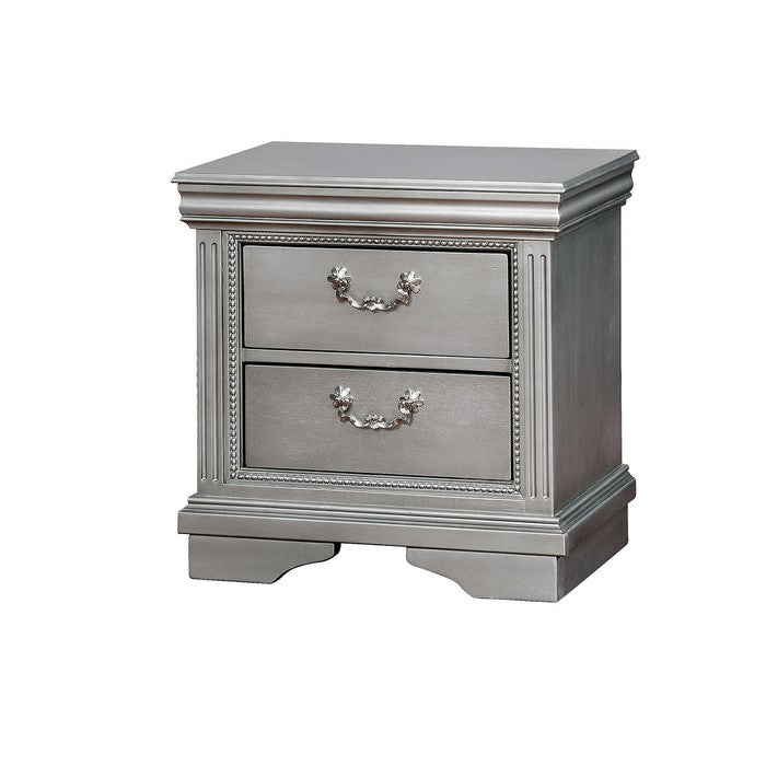 Traditional Solid Wood Night Stand With Intricate Carvings, Silver and Gray