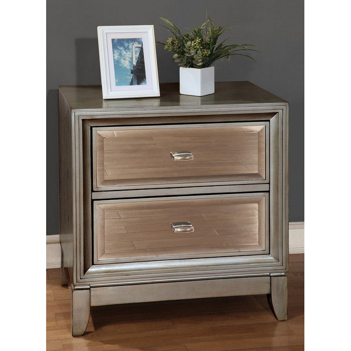 Contemporary Solid Wood Night Stand With Drawers, Silver