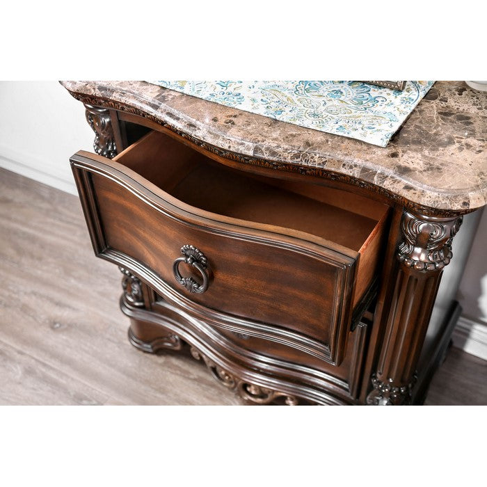 Transitional Wood Night Stand With Genuine Marble Top, Brown
