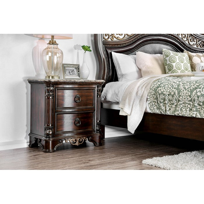 Transitional Wood Night Stand With Genuine Marble Top, Brown