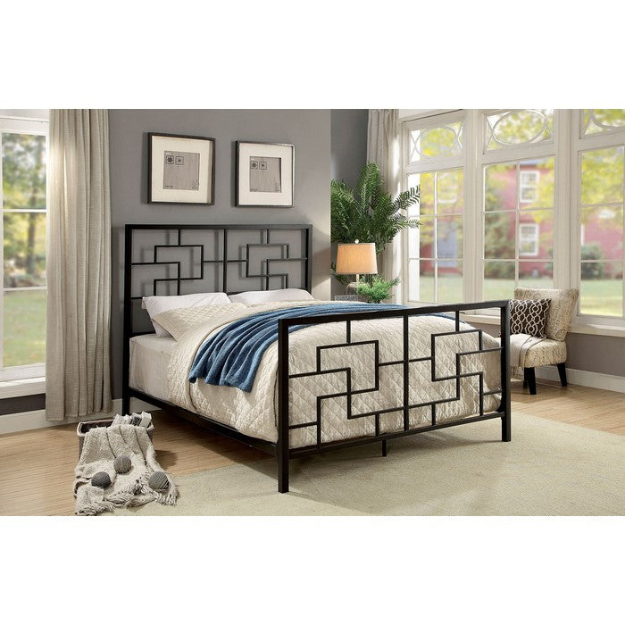 Geometrically Charmed Metal California King Size Bed, Dark Bronze