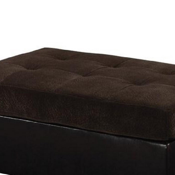 Transitional Velvet/Faux Leather/Wood Ottoman With Tufting, Chocolate Brown