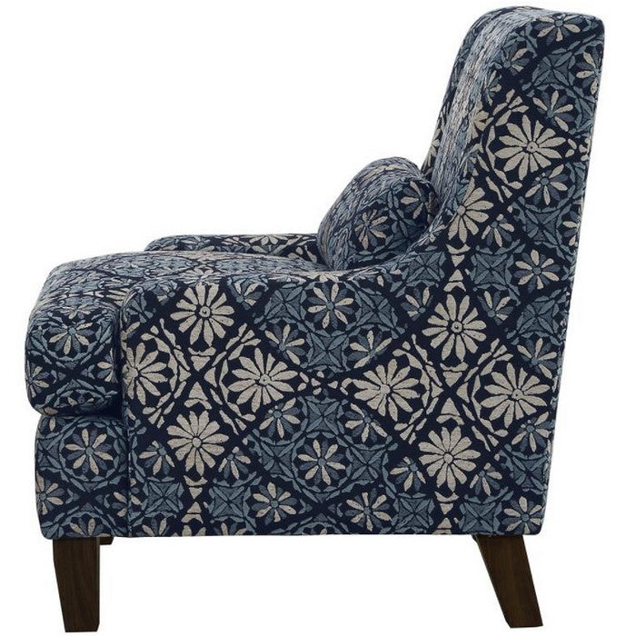 Contemporary Jacquard Fabric/Wood Accent Chair With Cushioned Seat, Blue/White