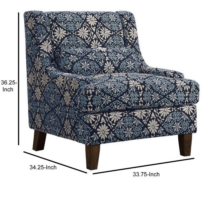 Contemporary Jacquard Fabric/Wood Accent Chair With Cushioned Seat, Blue/White