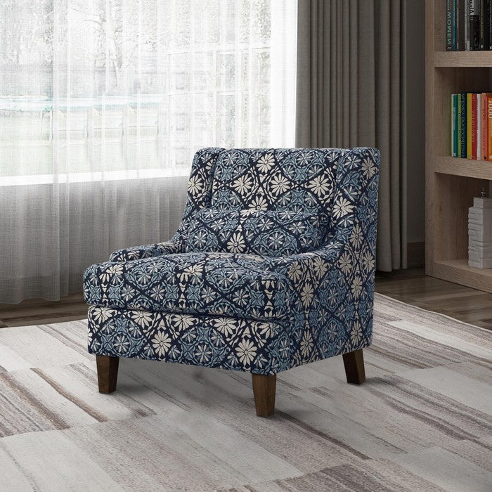 Contemporary Jacquard Fabric/Wood Accent Chair With Cushioned Seat, Blue/White