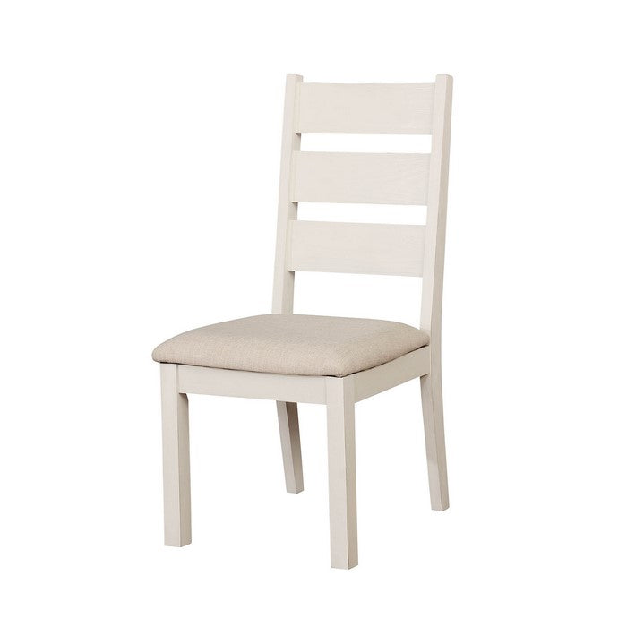 Wooden Ladder Back Side Chair with Cushioned Fabric Seat, Pack of Two, Weathered White