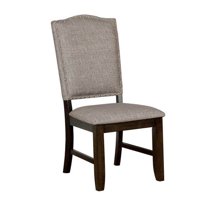 Fabric Upholstered Wooden Side Chair with Camelback, Pack of Two, Gray and Walnut Brown