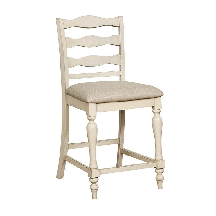 Ladder Back Wooden Counter Height Chair with Fabric Seat, Pack of Two, Antique White and Gray
