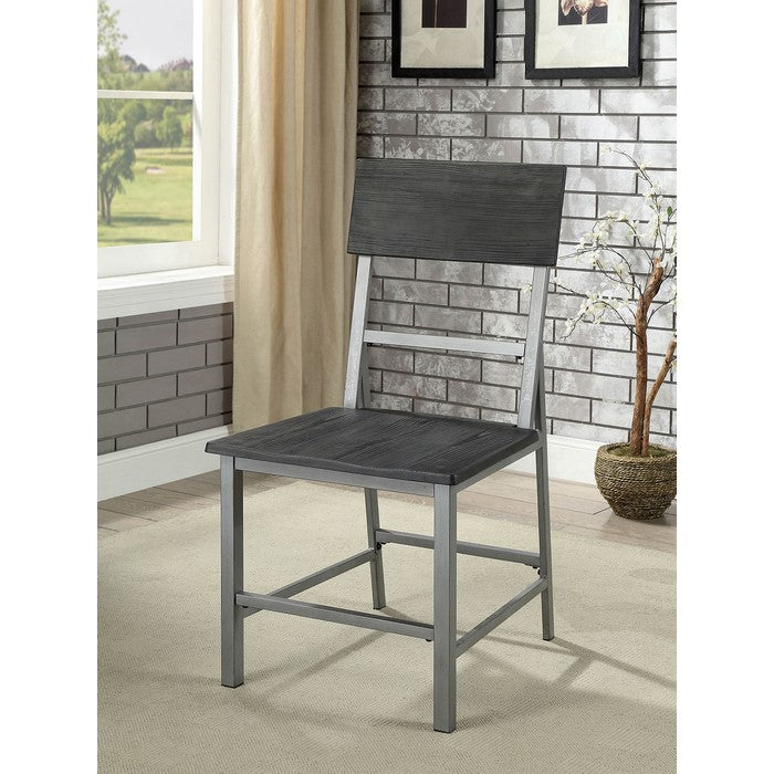 Wood and Metal Side Chair With Footrest, Pack of Two, Gray and Silver