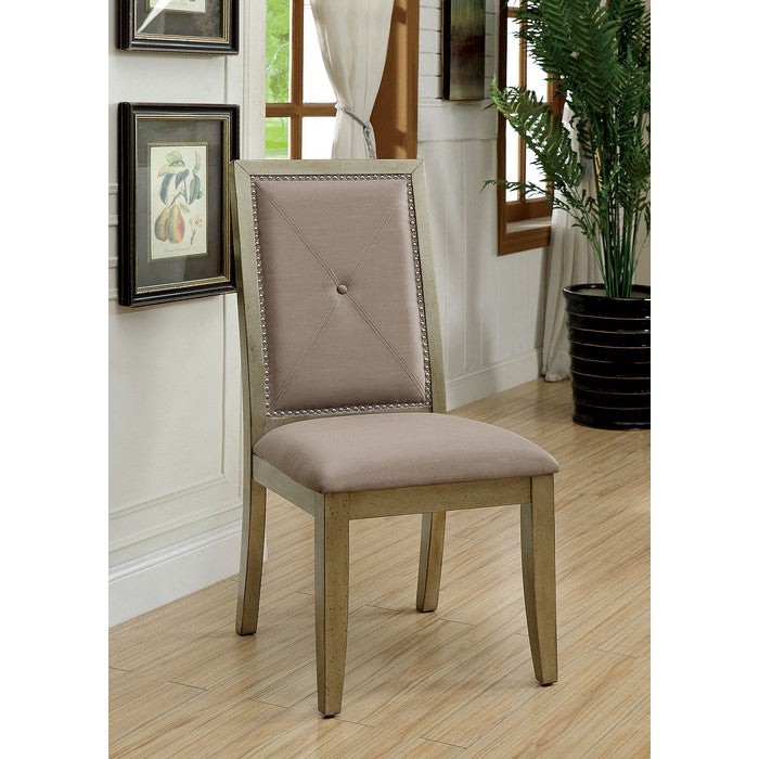 Fabric Upholstered Wooden Side Chair with Nail Head Trim Accent, Pack of Two, Gold and Beige