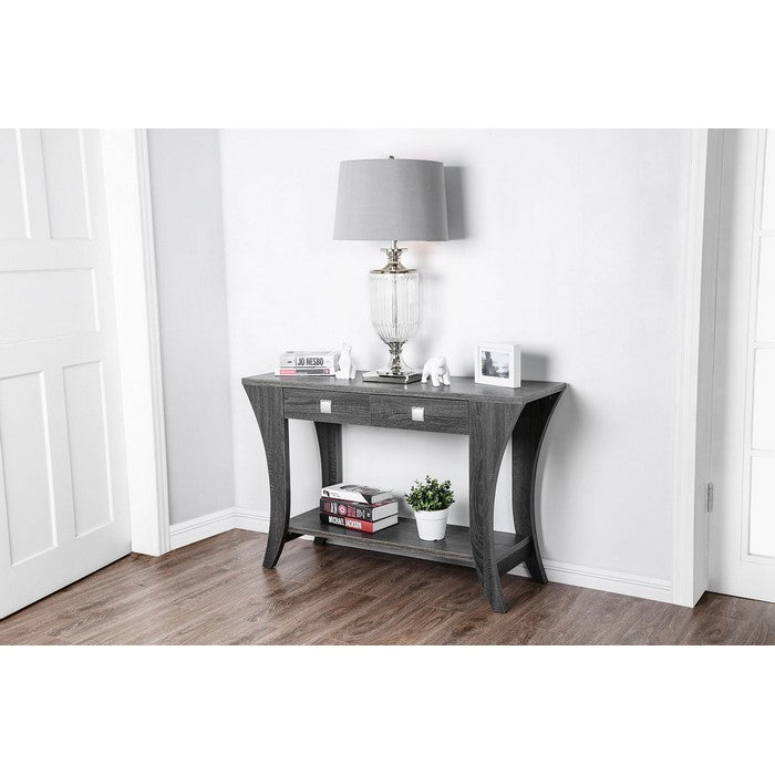 Two Drawers Wooden Sofa Table with Bottom Shelf and Swooping Curled Legs, Gray