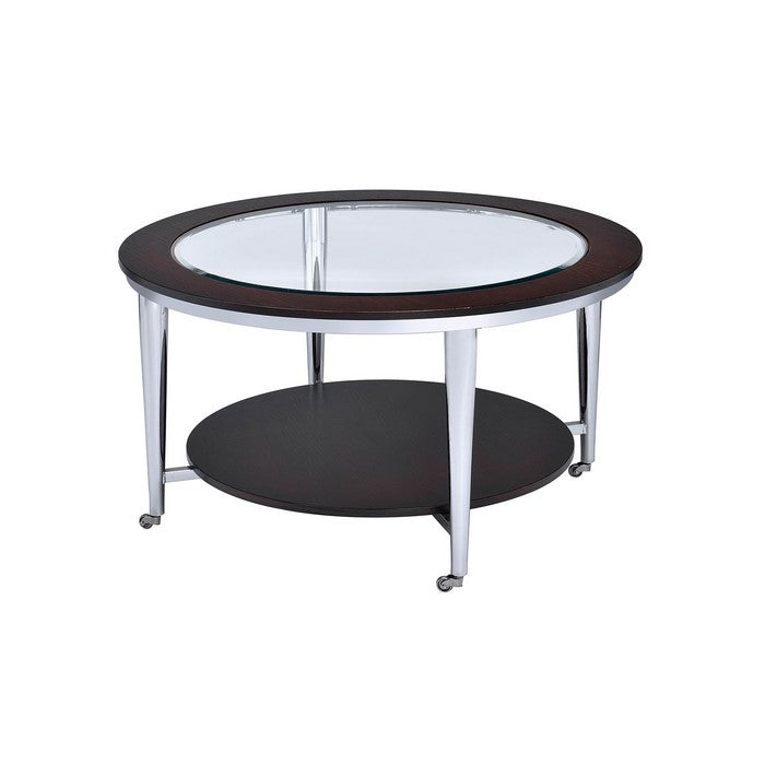 Wood and Metal Round Coffee Table with Glass Inserted Top, Espresso Brown and Silver