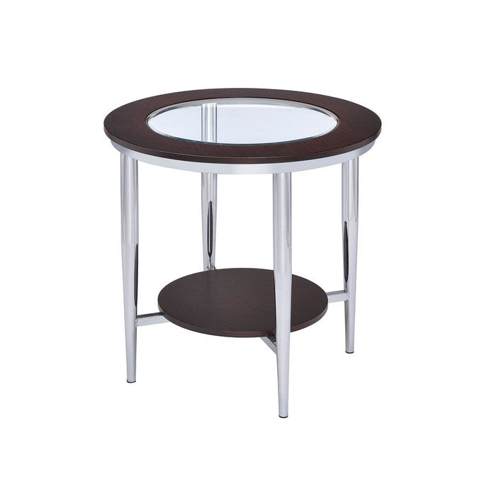 Wood and Metal Round End Table with Glass Inserted Top, Espresso Brown and Silver