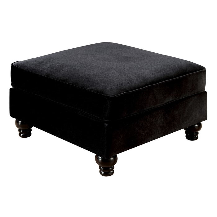 Fabric Upholstered Wooden Ottoman with Turned Legs, Black and Brown