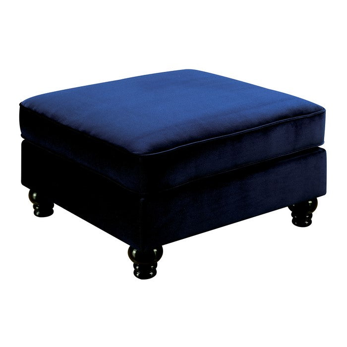 Fabric Upholstered Wooden Ottoman with Turned Legs, Blue and Brown