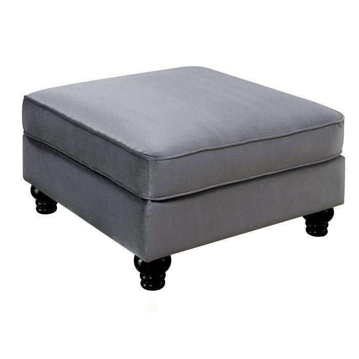 Fabric Upholstered Wooden Ottoman with Turned Legs, Gray and Brown