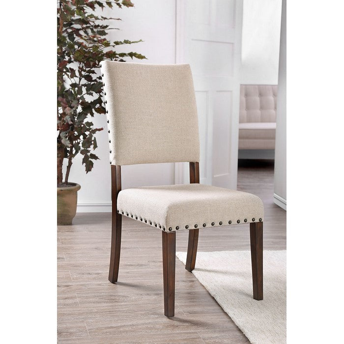 Fabric Upholstered Solid Wood Side Chair, Pack of Two, Beige and Brown