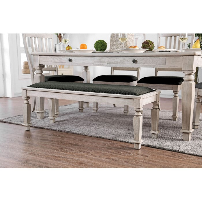 Transitional Style Fabric Upholstered Wooden Bench, White and Gray